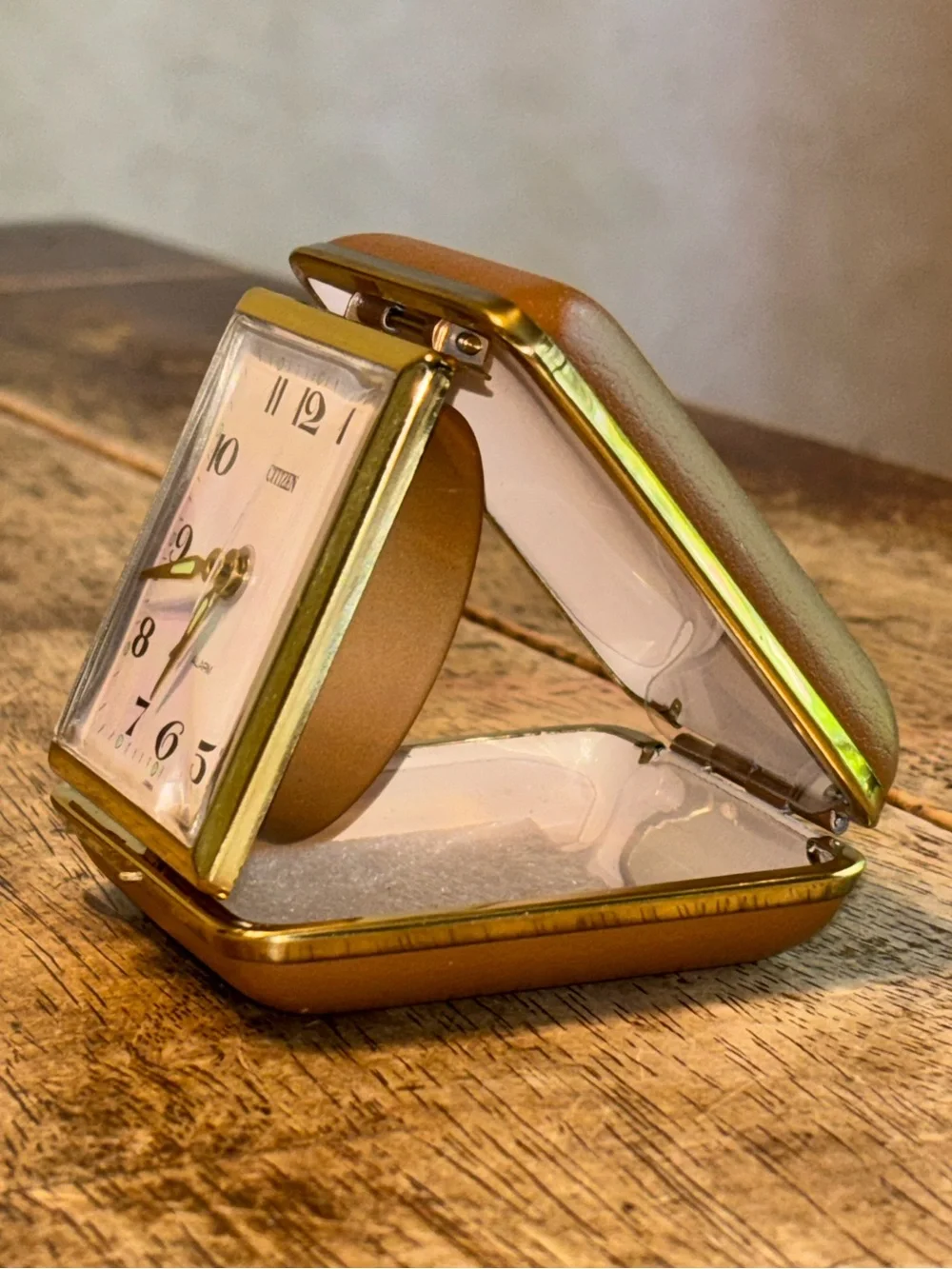 Vintage Citizen Japan Folding Travel Alarm Clock Gold Tone Brown Case Luminous